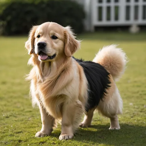 Prompt: A small sized golden retriever with black fur on the back and a fluffy tail