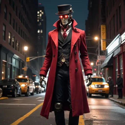 Prompt: A humanoid like robot, detective, steampunk, wearing a long red peacoat and a black hat, new york city street at night, 