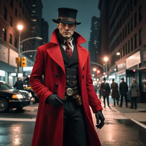 Prompt: A humanoid like cybor, detective, steampunk, wearing a long red peacoat and a black hat, new york city street at night, 