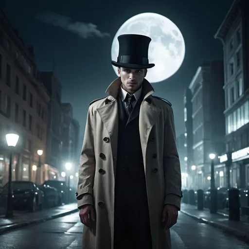 Prompt: Futuristic-biomechanical, man in trench coat and top hat, city at night, full moon in sky, Dirk Crabeth, new objectivity, cinematic photography, matte painting, highres, detailed, biomechanical, futuristic, trench coat, top hat, city lights, full moon, night sky, cinematic, matte painting, detailed face, professional, atmospheric lighting