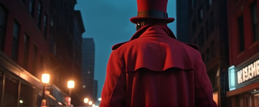 Prompt: A humanoid like cybor, detective, steampunk, wearing a long red peacoat and a back hat, new york city street at night, looking back on a hill side at the city. 4k 