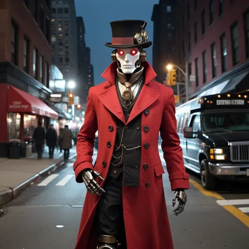 Prompt: A humanoid robot, detective, steampunk, wearing a long red peacoat and a black hat, new york city street at night, 