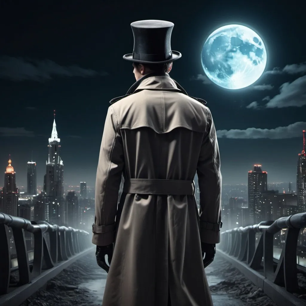 Prompt: Man in trench coat and top hat, biomechanical style, full moon in the sky, futuristic city at night, Dirk Crabeth, new objectivity, cinematic photography, matte painting, highres, detailed, biomechanical, futuristic, night cityscape, full moon, trench coat and top hat, cinematic lighting, professional