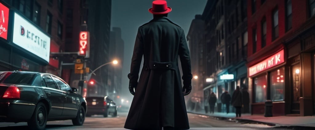 Prompt: A humanoid like cybor, detective, steampunk, wearing a long black peacoat and a red hat, new york city street at night, looking back on a hill side at the city. 4k 