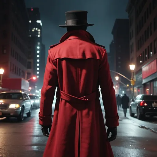 Prompt: A humanoid like cybor, detective, steampunk, wearing a long red peacoat and a black hat, new york city street at night, looking back on a hill side at the city. 4k 