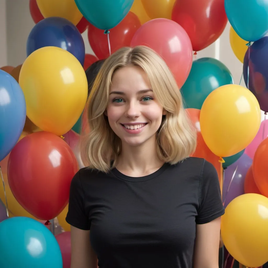 Prompt: "Create a realistic image of a blonde-haired woman named Alice who is standing in a room filled with large colorful balloons, all shapes and sizes. She is wearing a black t-shirt and tight jeans, with a big smile on her face as she is surrounded by her beloved balloons. She is slightly hunched over and looking at them with admiration."