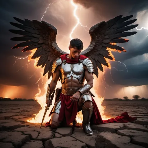 Prompt: roman soldier man kneeling on cracked earth with flaming angel wings with lightning striking all around