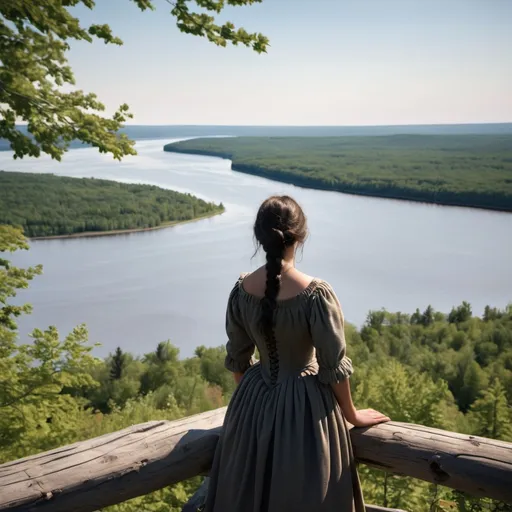 Prompt: A young, dark-haired woman looks out over the St. Lawrence River in the wilderness of colonial Quebec.