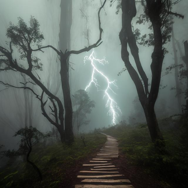 Prompt: Path, Forest, Lightning coming down, dark, moody, dark body standing on path , dark, misty, old trees, tall trees, short trees, thick forest, 

