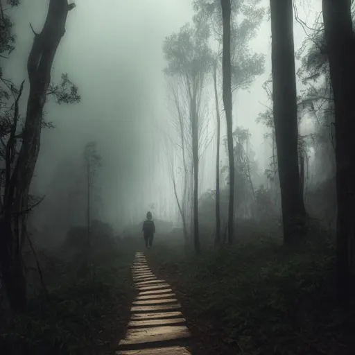 Prompt: Path, Forest, Lightning coming down, dark, moody, body standing, dark, foggy
