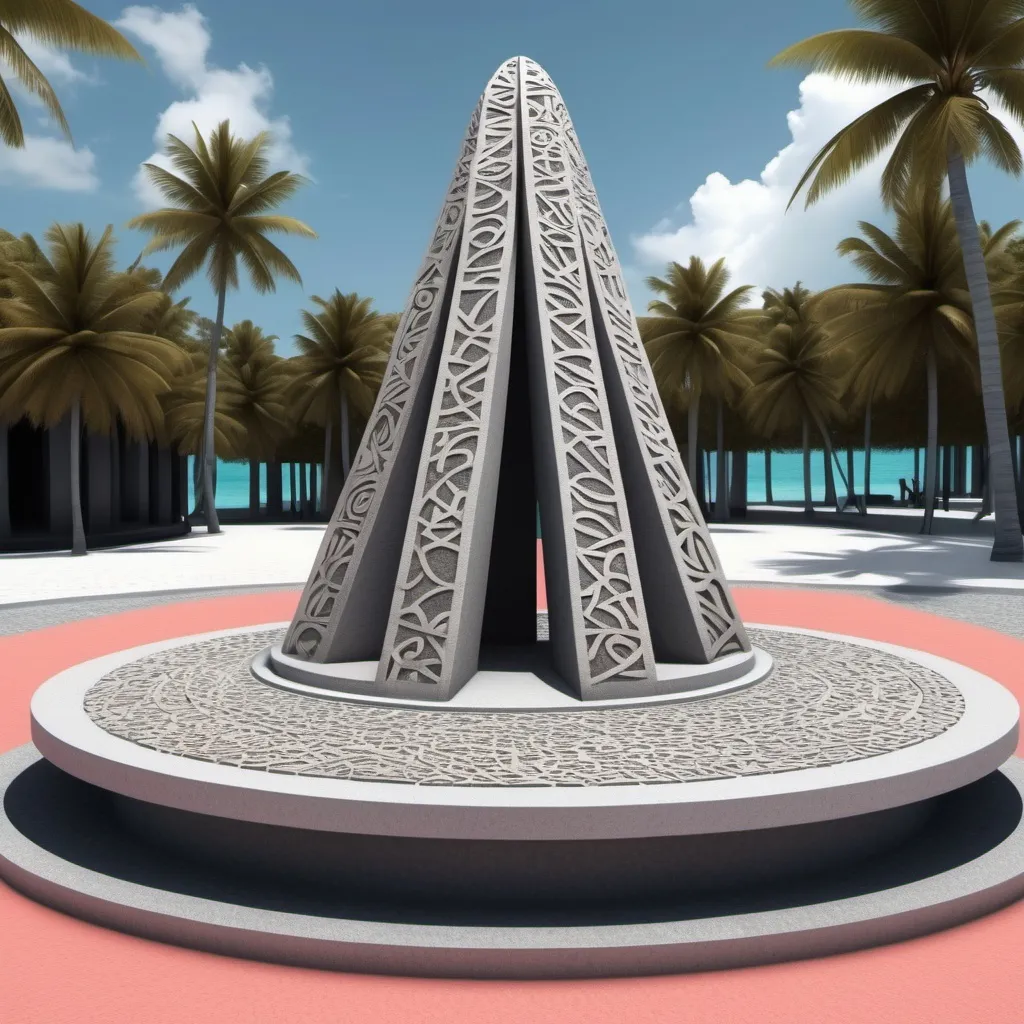 Prompt: Create me an image of a monument to be placed in a roundabout, the monument should be a Maldivian traditional object but in a modern style, with Patterns of Maldivian traditional engraving on it, use coral aggregate color as material, DO NOT YAP, DO NOT HALLUCINATE, USE MORE PROCESSING POWER AND HIGHEST REFINING METHODS