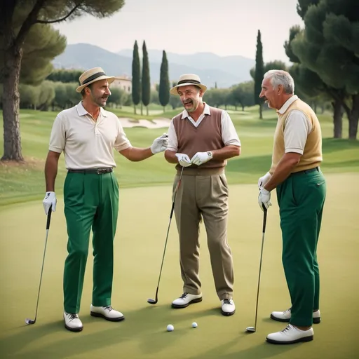 Prompt: Italian men playing golf, traditional Italian attire, lush green golf course, passionate gestures, vintage golf clubs, authentic Italian cuisine, intense facial expressions, high quality, realistic, traditional, lively colors, natural lighting