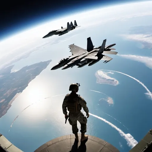 Prompt: Military solider standing on earth  upper view, sky and starts in the background with F15 planes and satellite flying