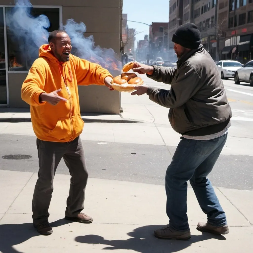 Prompt: man throwing flaming honey bun at homeless man