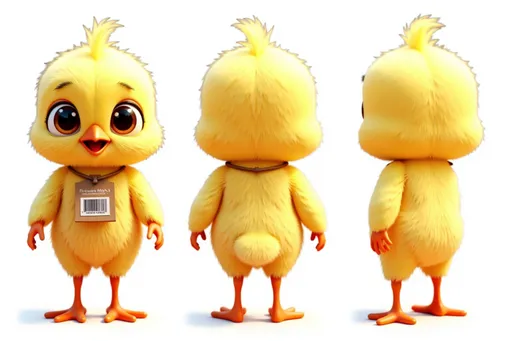 Prompt: A full-body character sheet of cute 3D cartoon anthropomorphic chick c7daa042 with yellow fluffy feathers, large round eyes, orange beak, barcode tag on neck displayed in three clear views on a clean white background, arranged in a three-column grid pattern with equal spacing and importance. Left panel: front view showing complete anatomical details and outfit. Center panel: perfect 90-degree side view (profile) clearly showing the character's side silhouette, facial profile, and outfit from a direct lateral perspective. Right panel: back view revealing posterior details Each view maintains consistent scale, lighting, and full-body presentation from head to toe. All three perspectives must be equally detailed and given equal prominence in the composition.