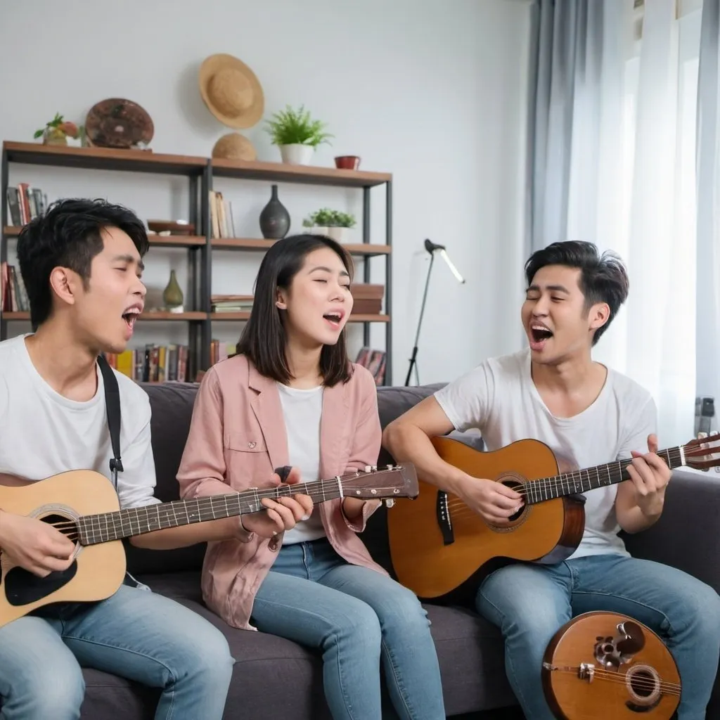 Prompt: asian friends singing and playing instruments at home