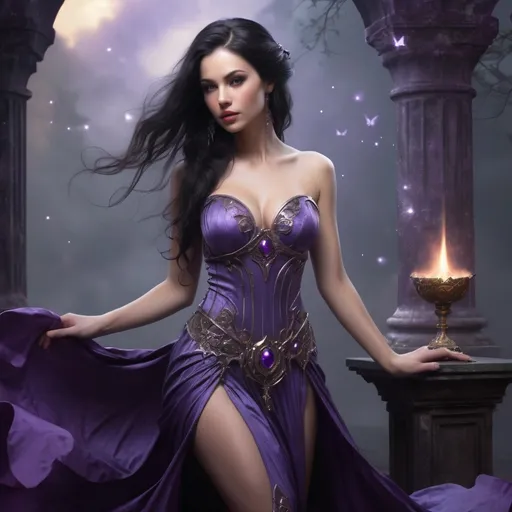 Prompt: Beautiful lady, dark hair, godess of magic, in purple dress, full body, fantasy kindom scene