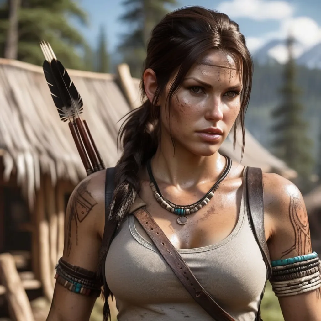 Prompt: Ultra realistic Lara croft in native american village