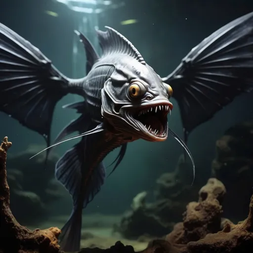 Prompt: Xenomorph fish with wings, angry, nightmare scene