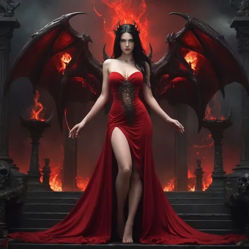Prompt: Beautiful lady,pretty face, dark hair, godess of hell, in red dress, full body, fantasy hell scene