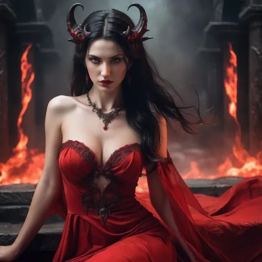 Prompt: Beautiful lady,pretty face, dark hair, godess of hell, in red dress, full body, fantasy hell scene