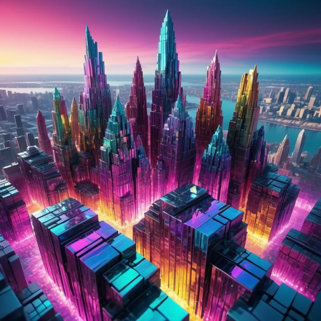 Prompt: City buildings in shape of busmuth crystal, vivid colors, ultra realistic