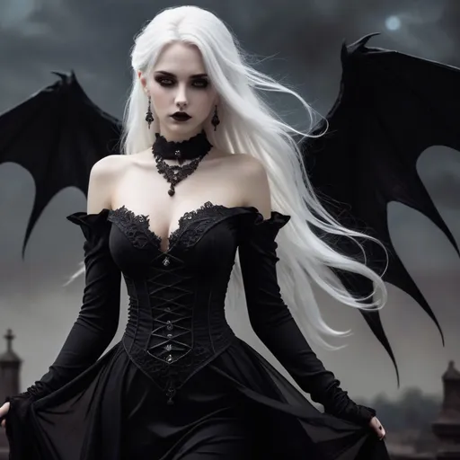 Prompt: Beautiful lady,pretty face, white hair, godess of darkness, in black dress, hot, full body, fantasy gothic scene