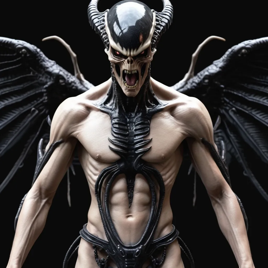 Prompt: Xenomorph human with wings, angry, nightmare scene