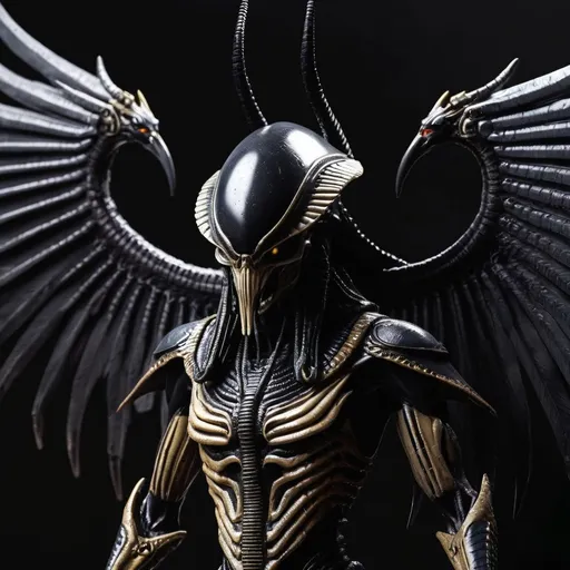 Prompt: Xenomorph god ra with wings, angry, nightmare scene