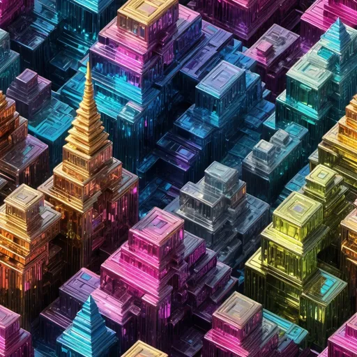 Prompt: City buildings in shape of busmuth crystal, vivid colors, ultra realistic