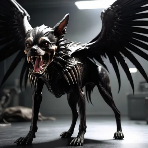 Prompt: Xenomorph dog with wings, angry, nightmare scene