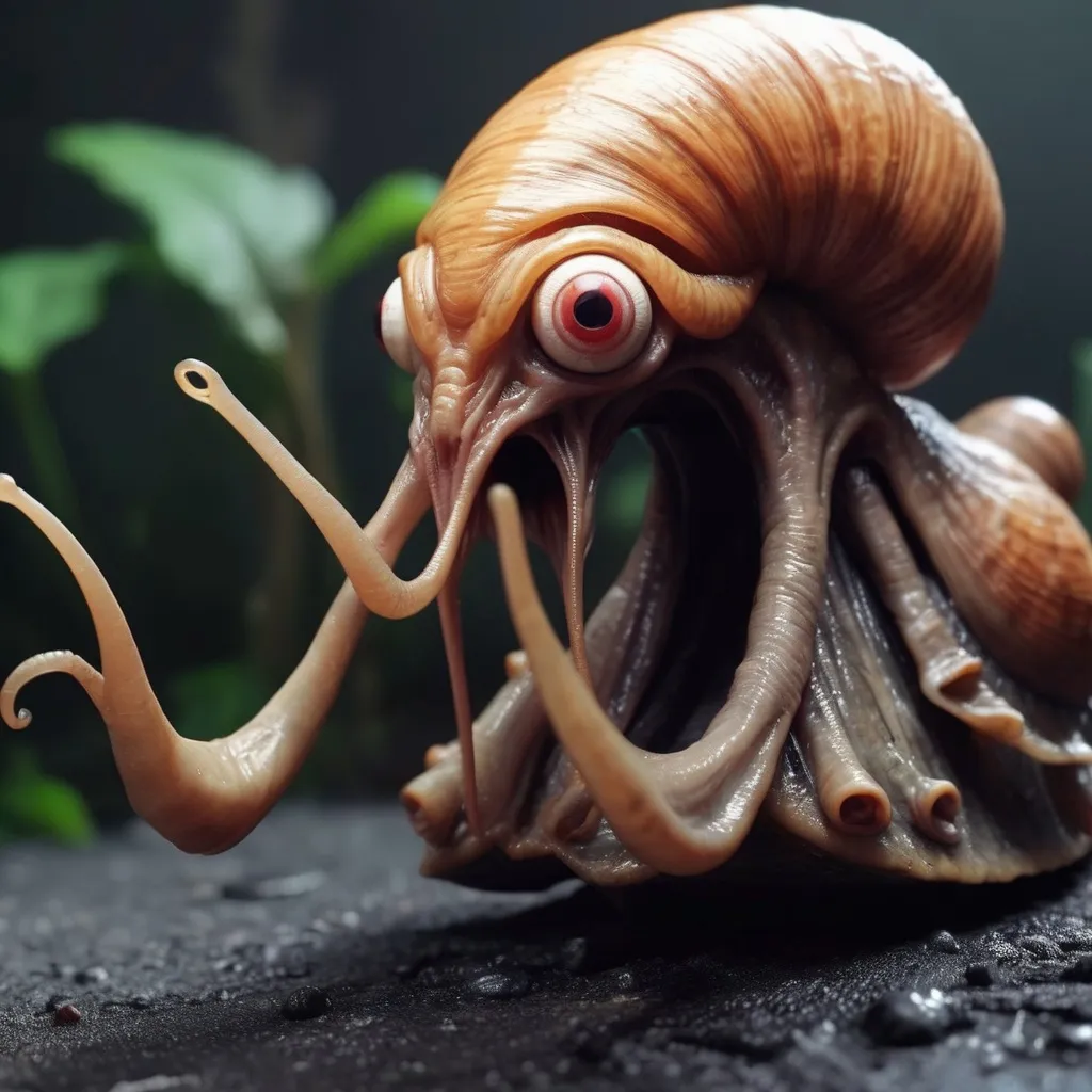 Xenomorph snail monster, angry, nightmare scene, rr...