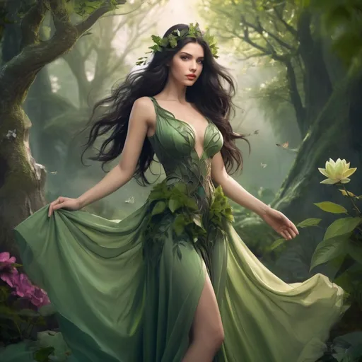 Prompt: Beautiful lady,pretty face, dark hair, godess of nature, in green dress, full body, fantasy flora scene