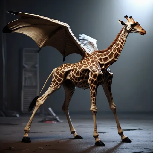 Prompt: Xenomorph giraffe with wings, evil, nightmare scene