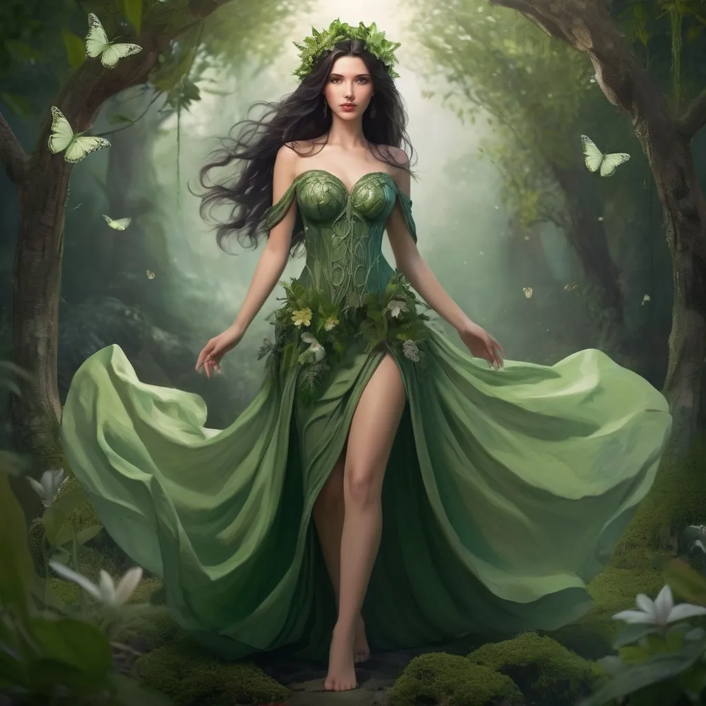 Prompt: Beautiful lady,pretty face, dark hair, godess of nature, in green dress, full body, fantasy flora scene