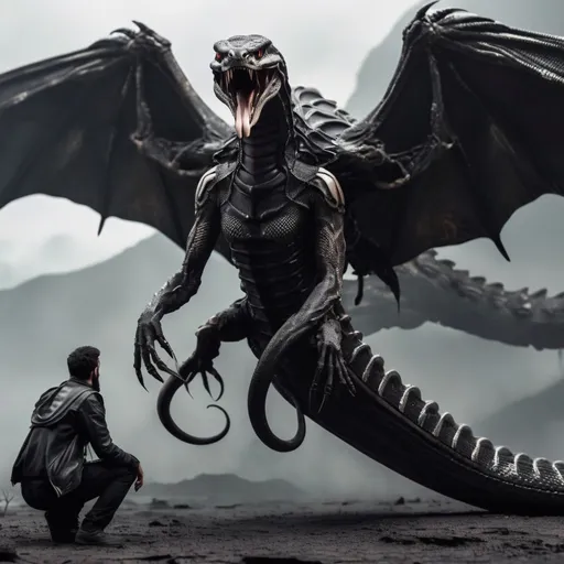 Prompt: Xenomorph snake and human with wings, angry, nightmare scene