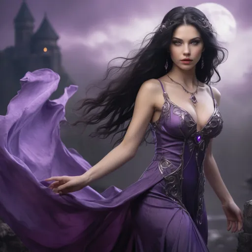 Prompt: Beautiful lady, dark hair, godess of magic, in purple dress, full body, fantasy kindom scene