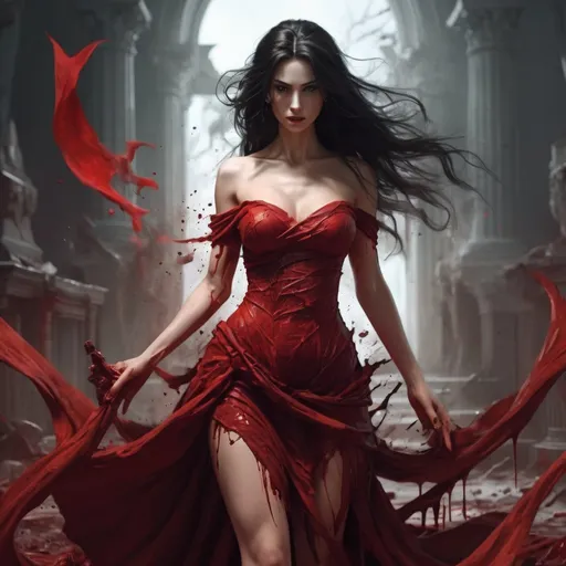 Prompt: Beautiful lady,dark hair, godess of blood, in more ripped red dress, full body, fantasy chaos kingdom scene