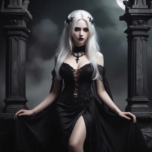 Prompt: Beautiful lady,pretty face, white hair, godess of darkness, in black dress, full body, fantasy gothic scene