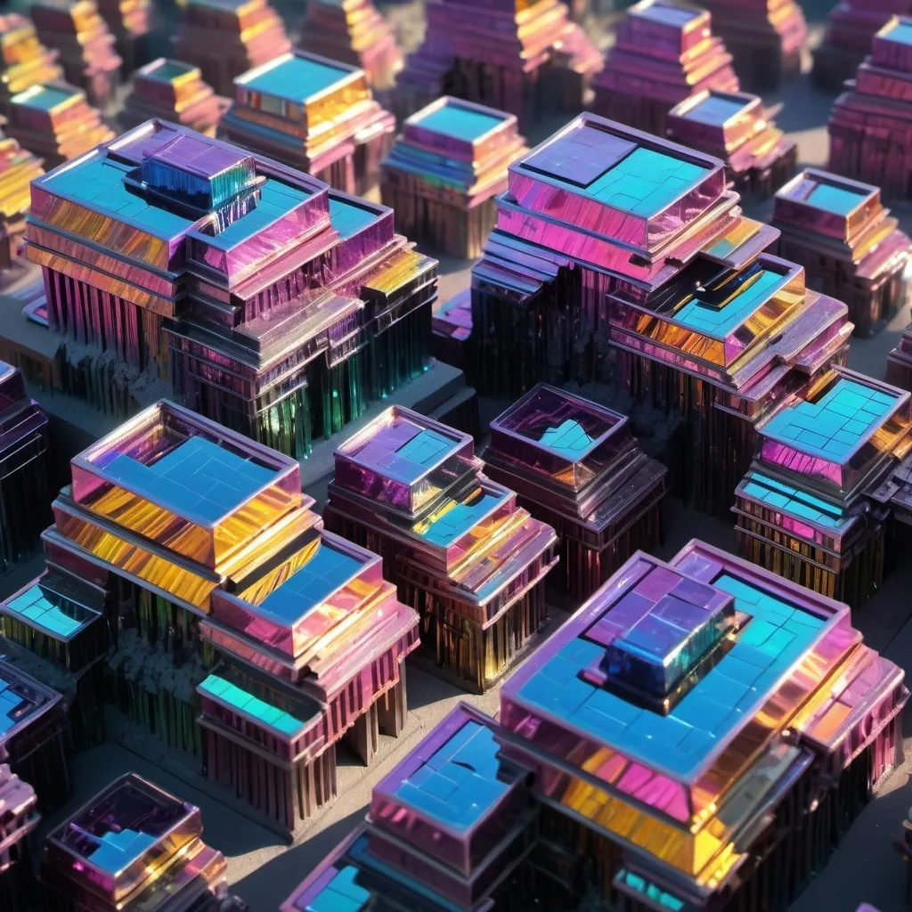 Prompt: City buildings in shape of busmuth crystal, vivid colors, ultra realistic