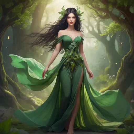 Prompt: Beautiful lady,pretty face, dark hair, godess of nature, in green dress, full body, fantasy flora scene