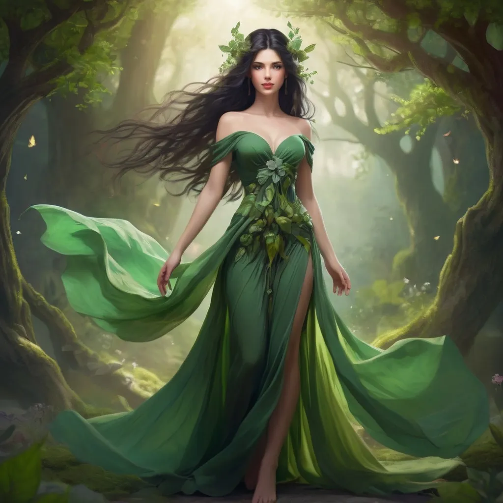 Prompt: Beautiful lady,pretty face, dark hair, godess of nature, in green dress, full body, fantasy flora scene