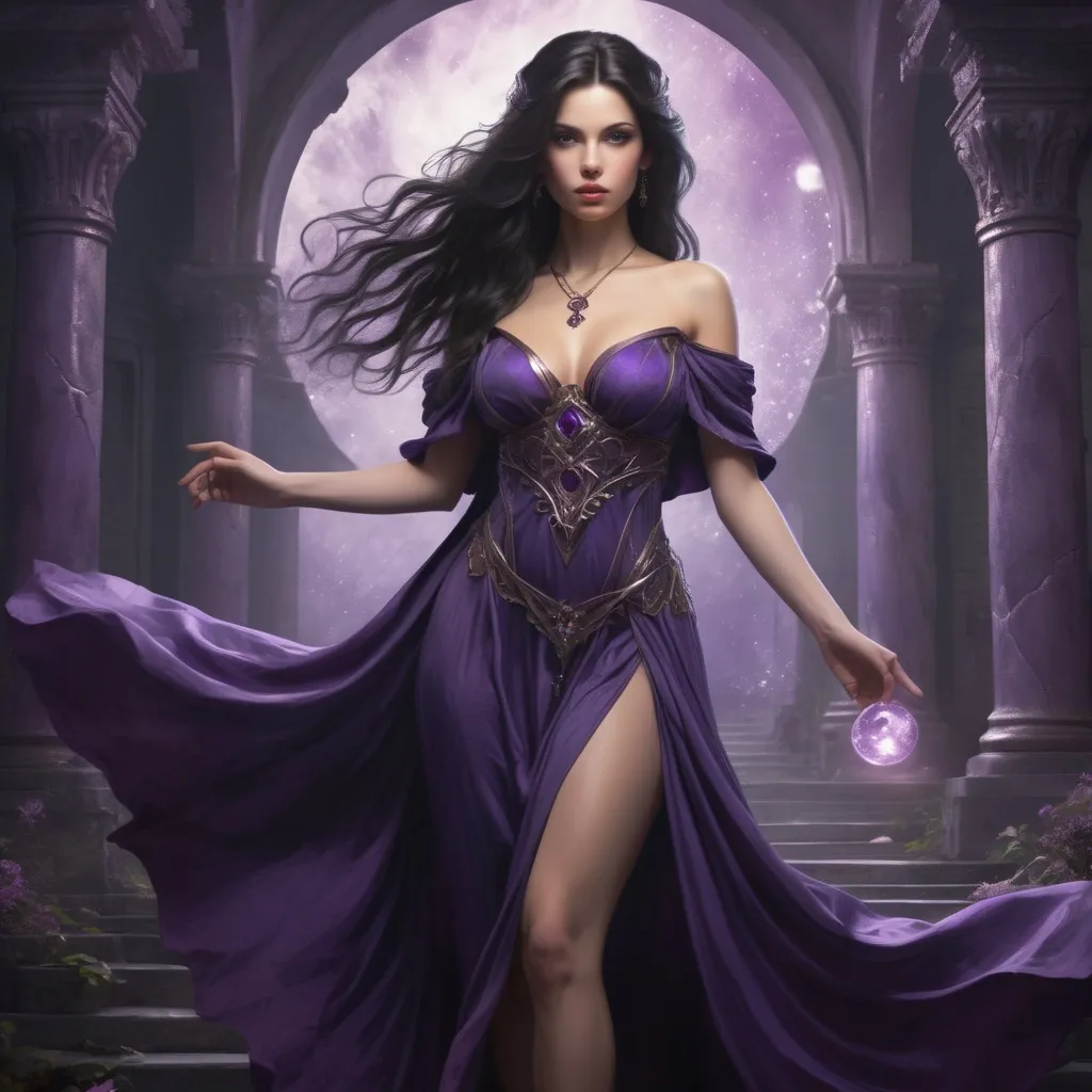 Prompt: Beautiful lady, dark hair, godess of magic, in purple dress, full body, fantasy kindom scene