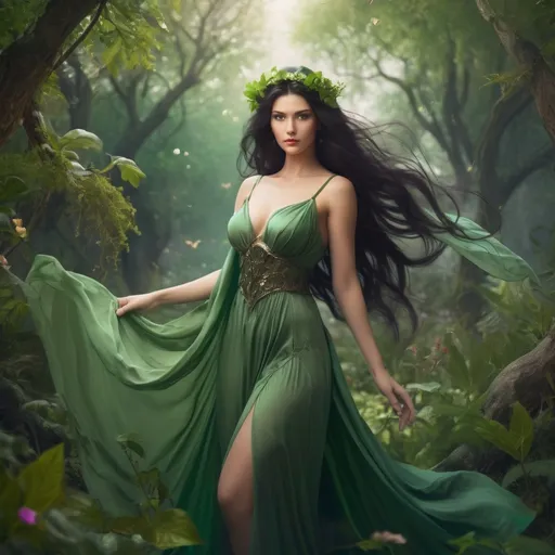 Prompt: Beautiful lady,pretty face, dark hair, godess of nature, in green dress, full body, fantasy flora scene