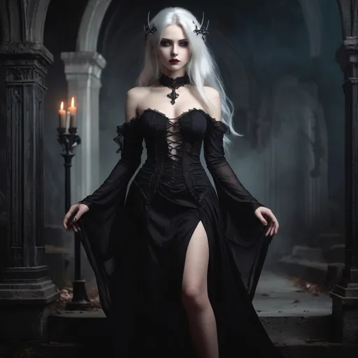 Prompt: Beautiful lady,pretty face, white hair, godess of darkness, in black dress, full body, fantasy gothic scene