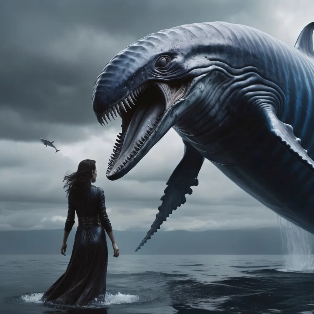 Prompt: Xenomorph blue whale and lady with wings, angry, nightmare scene