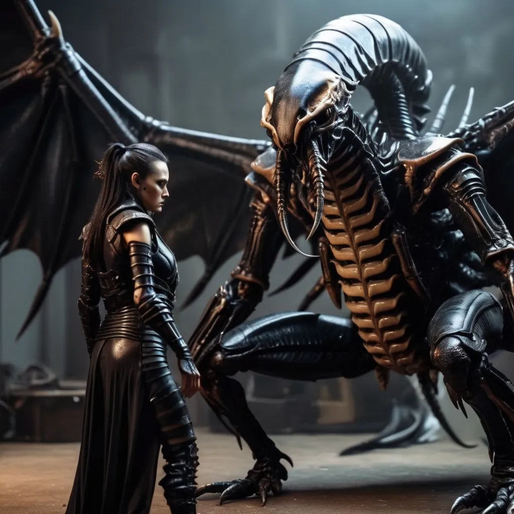 Prompt: Xenomorph scorpion and lady with wings, angry, nightmare scene
