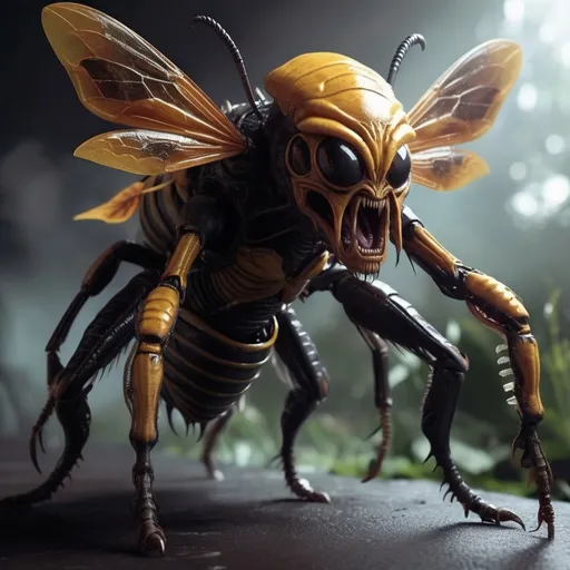 Prompt: Xenomorph bee monster, angry, nightmare scene, rr ginger alien style