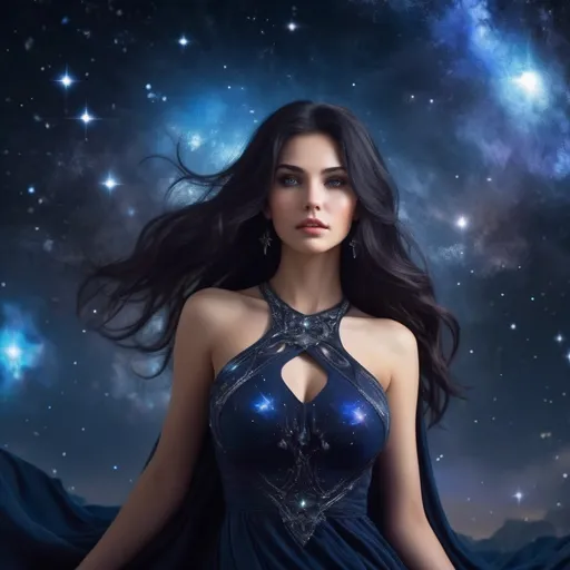 Prompt: Beautiful lady,pretty face, dark hair, godess of stars, in dark blue dress, full body, fantasy galaxy scene