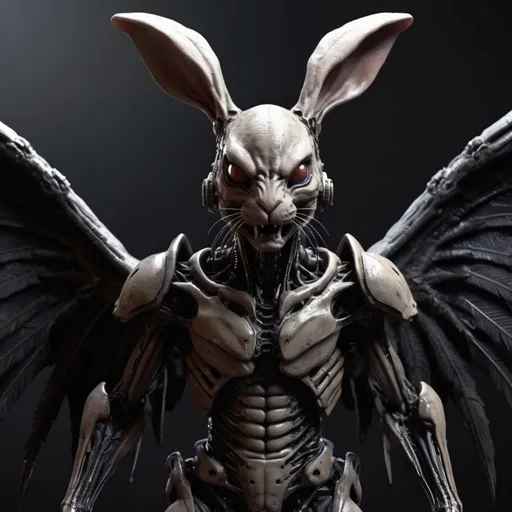 Prompt: Xenomorph rabbit with wings, angry, nightmare scene